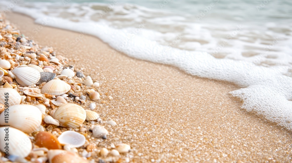 A serene beach scene showcasing an array of seashells scattered along the shore, with gentle waves lapping at the sand, This image is ideal for travel blogs, coastal decor