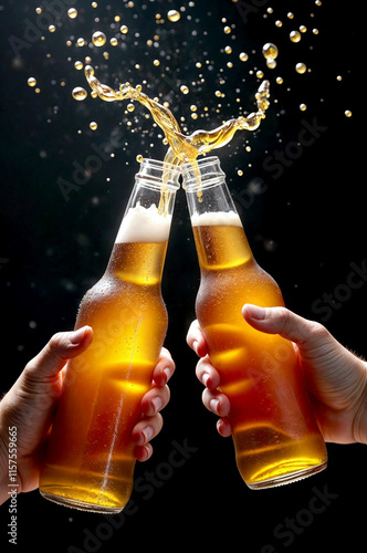 two beer bottles clinking mid-air, each held by a hand, with golden beer droplets splashing out from the bottle openings and scattered across the transparent bottle surfaces.