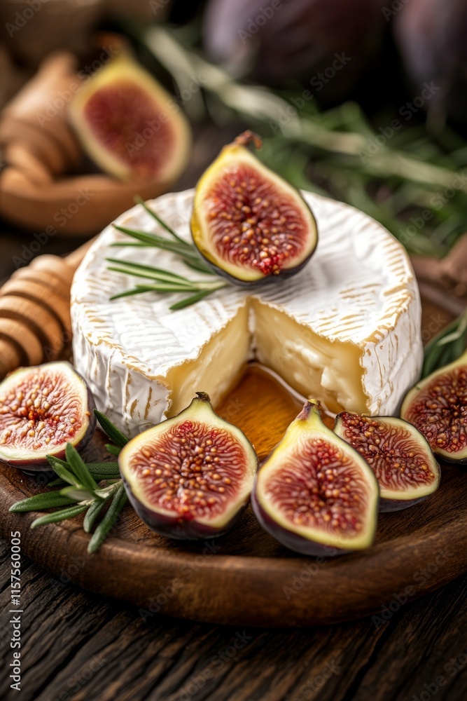 A round wheel of creamy cheese paired with ripe figs and drizzled with honey sits on a wooden platter, creating an inviting display of flavors A round wheel of creamy cheese paired with ripe figs and drizzled with honey sits on a wooden platter, creating an inviting display of flavors