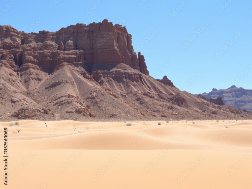 Majestic Desert Landscape with Red Rock Formations and Golden Sand Dunes Under a Clear Blue Sky in Arid Environment Ideal for Travel and Nature Photography Majestic Desert Landscape with Red Rock Formations and Golden Sand Dunes Under a Clear Blue Sky in Arid Environment Ideal for Travel and Nature Photography