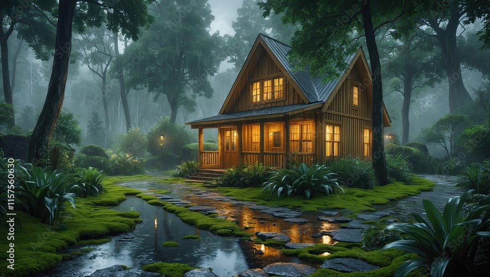 Cozy wooden house nestled deep in a rain forest Cozy wooden house nestled deep in a rain forest