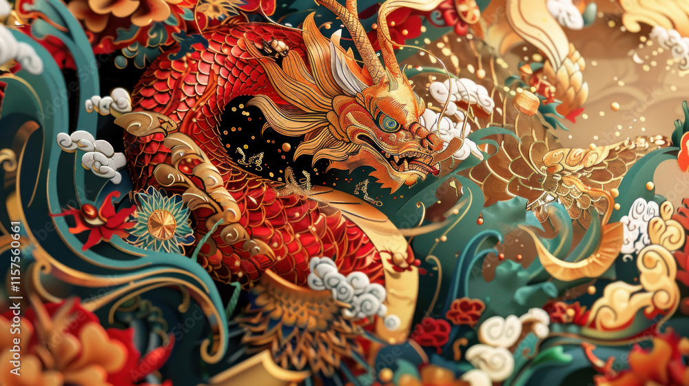 Lunar New Year, traditional festive theme, vibrant colors, rich red and gold details, detailed cultural elements, high-resolution illustration Lunar New Year, traditional festive theme, vibrant colors, rich red and gold details, detailed cultural elements, high-resolution illustration