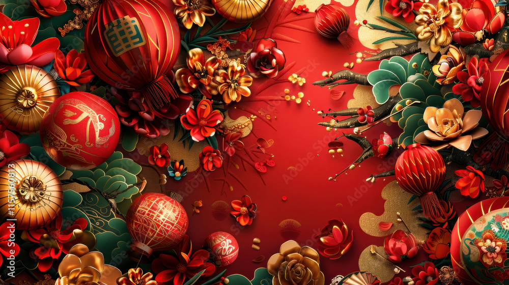 Lunar New Year, traditional festive theme, vibrant colors, rich red and gold details, detailed cultural elements, high-resolution illustration Lunar New Year, traditional festive theme, vibrant colors, rich red and gold details, detailed cultural elements, high-resolution illustration