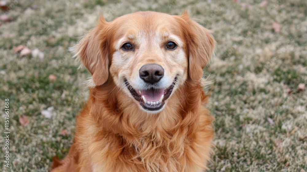 A cheerful golden retriever sits in a grassy area, showcasing its friendly demeanor while enjoying a pleasant day with autumn leaves around A cheerful golden retriever sits in a grassy area, showcasing its friendly demeanor while enjoying a pleasant day with autumn leaves around
