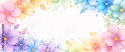 Colorful floral frame featuring various flowers on a soft white background with copy space