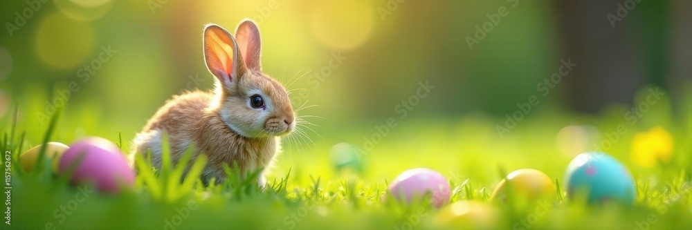 Fluffy bunny hidden, observing colorful eggs scattered on grass, treat, orange Fluffy bunny hidden, observing colorful eggs scattered on grass, treat, orange
