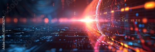 A futuristic digital landscape with glowing circuits, a central sphere, and vibrant energy beams, evoking concepts of advanced technology and innovation.