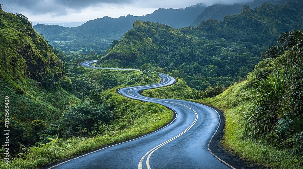 A winding mountain road with lush vegetation and a cutout A winding mountain road with lush vegetation and a cutout