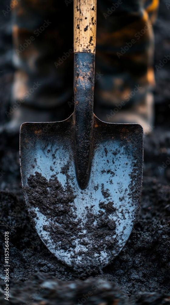 A shovel buried in rich, dark soil highlights the effort of gardening. The sunlight casts a soft glow, signaling the start of a productive day outdoors A shovel buried in rich, dark soil highlights the effort of gardening. The sunlight casts a soft glow, signaling the start of a productive day outdoors