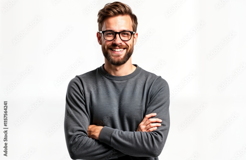 Handsome young man smiles confidently at camera. Wears casual gray sweater, glasses. Arms crossed. Studio shot against plain background. Man looks happy, stylish. Modern casual style portrait. Trendy Handsome young man smiles confidently at camera. Wears casual gray sweater, glasses. Arms crossed. Studio shot against plain background. Man looks happy, stylish. Modern casual style portrait. Trendy
