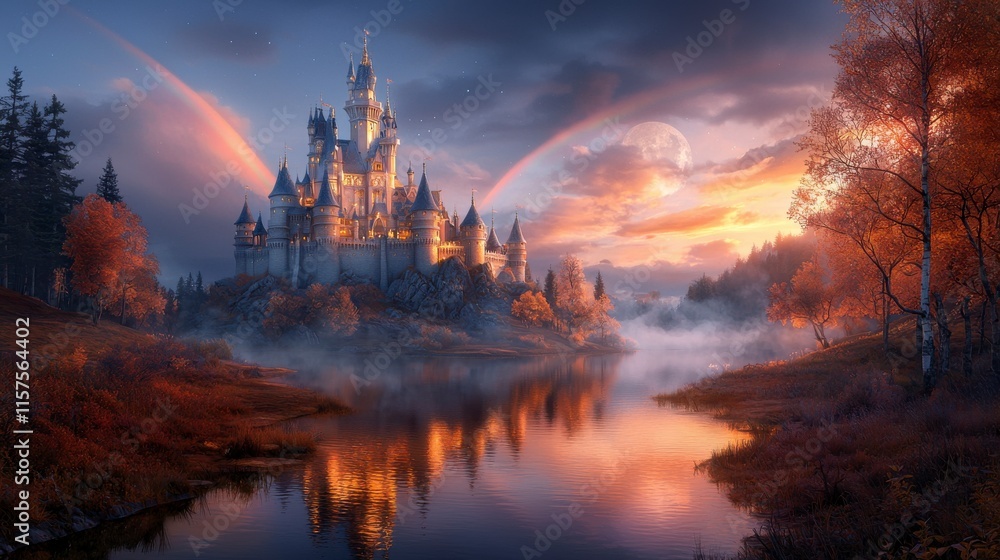 Fototapeta premium Enchanted Castle Surrounded by Colorful Rainbows and Mystic Lake at Sunset