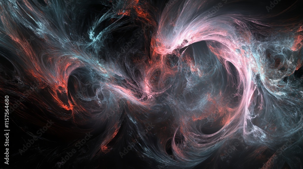 Fototapeta premium Abstract swirling smoke clouds in pink, grey and red.
