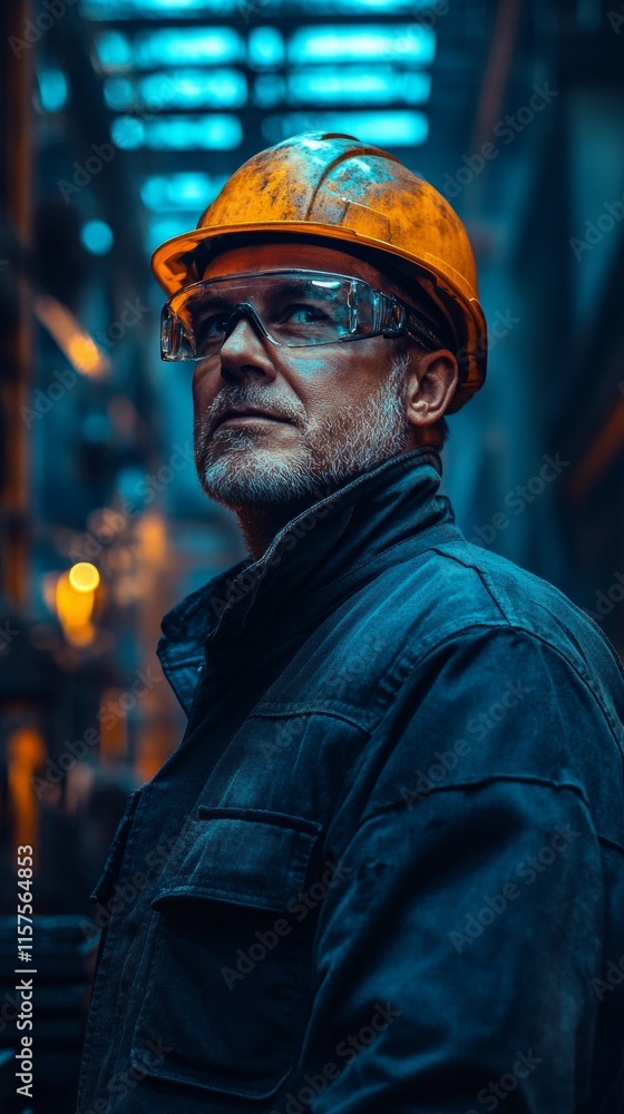 A confident worker wearing an orange helmet and protective glasses observes his surroundings in a dimly lit industrial space filled with machinery during the evening A confident worker wearing an orange helmet and protective glasses observes his surroundings in a dimly lit industrial space filled with machinery during the evening