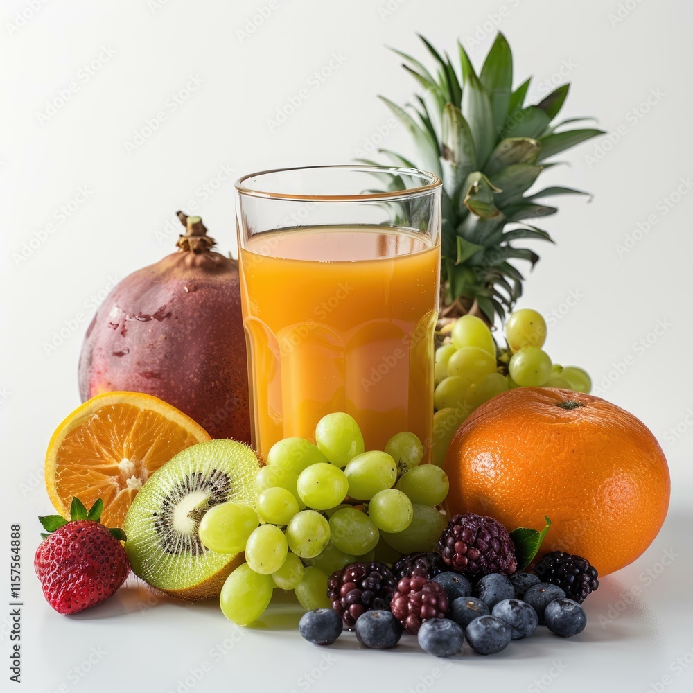 A glass of fresh fruit juice surrounded by various fruits like oranges, kiwi, grapes, berries, and pomegranate. A glass of fresh fruit juice surrounded by various fruits like oranges, kiwi, grapes, berries, and pomegranate.