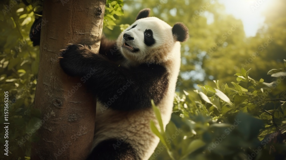 Obraz premium Panda Clinging to a Tree Trunk