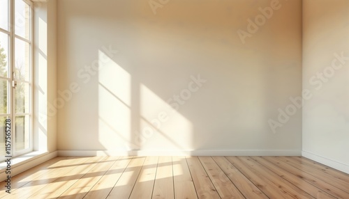 Empty room with wooden floor, large window letting in natural light casting shadows on walls. Modern minimalist interior design. Empty space with potential for home, apartment use. Stylish