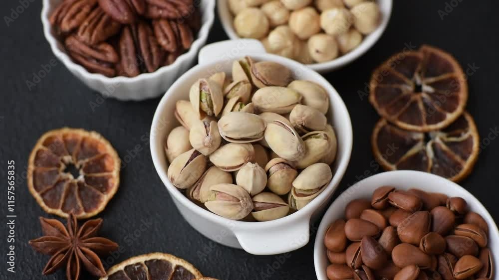 Delicious nutritious pistachio nuts in ceramic bowl on dark concrete background Delicious nutritious pistachio nuts in ceramic bowl on dark concrete background