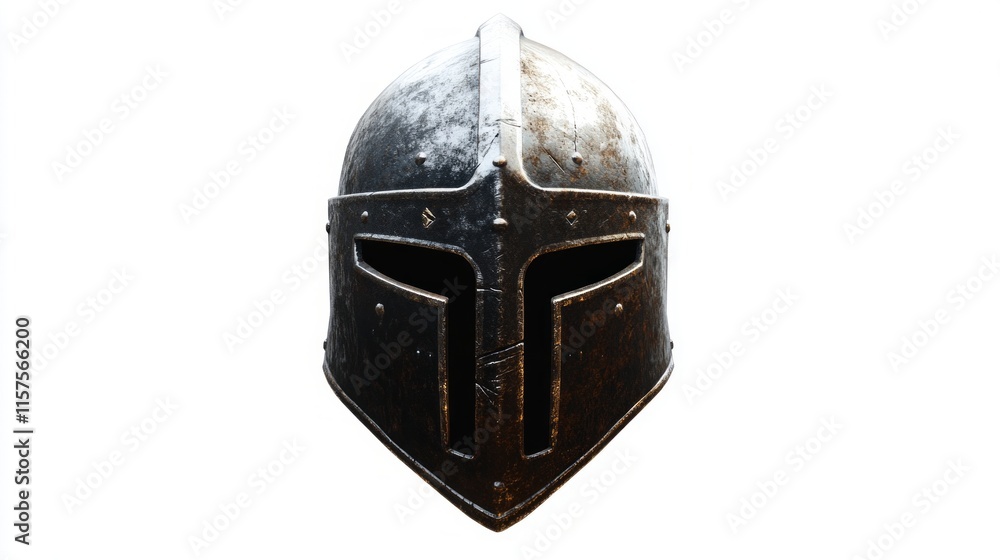 Obraz premium A historic and powerful knight helmet showcased in a dramatic lighting. This helmet symbolizes bravery and the heroic spirit. Discover its timeless allure. Generative AI