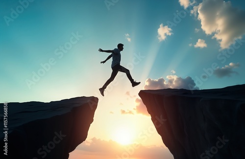 Man jumps between cliffs. Sunrise sky. Strong image for leadership concept. Businessman takes risk. Cloud, sky background. Dramatic scenery. Person in action. Leap of faith. Success concept. Change. photo