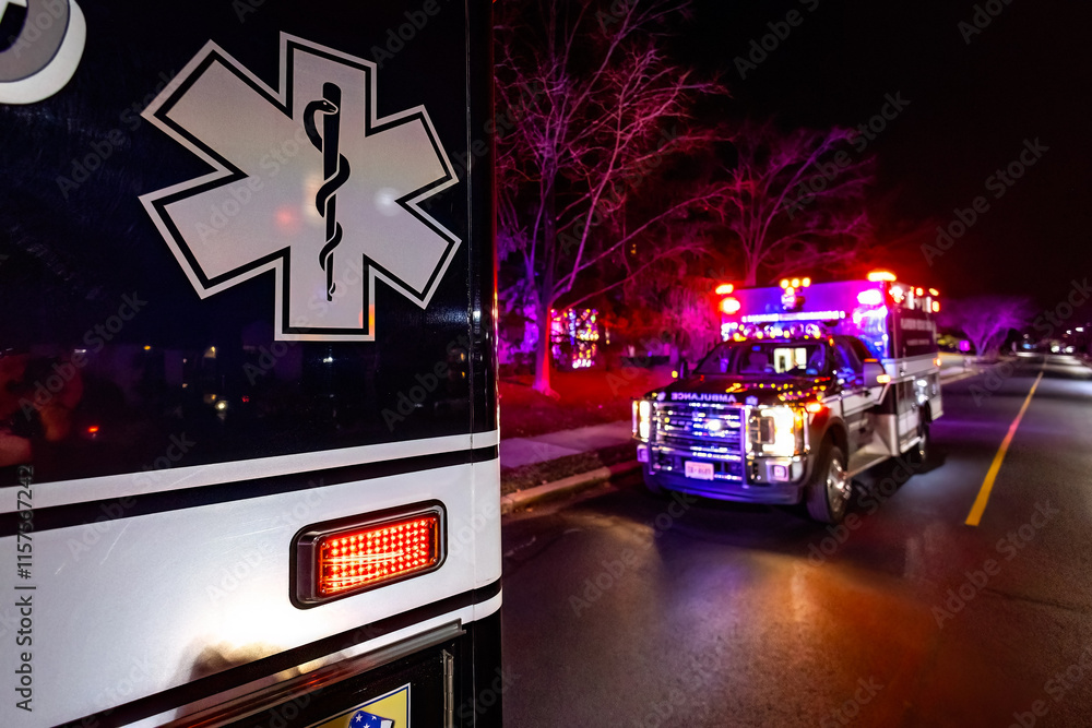 Close up emergency ambulance truck illuminated at night