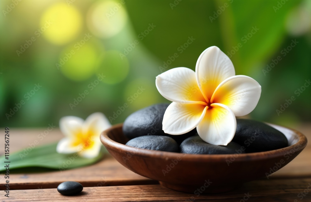 Fototapeta premium Plumeria flower sits on smooth dark stones in wooden bowl. Natural light shines on wooden table top. Relaxing spa wellness image. Healthy lifestyle concept. Body therapy. Thai spa treatment. Aroma