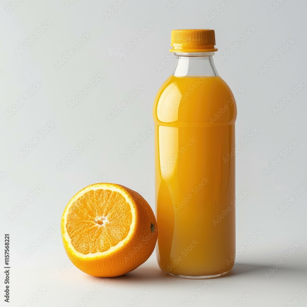 A bottle of fresh orange juice sits beside a juicy orange half, showcasing its vibrant color and natural goodness. A bottle of fresh orange juice sits beside a juicy orange half, showcasing its vibrant color and natural goodness.