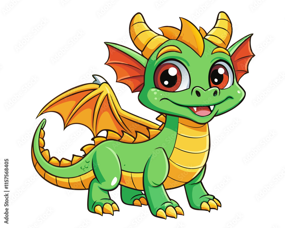 Fototapeta premium Cute dragon sticker. Fantasy dino character. Cartoon comic monster. Funny dinosaur creature