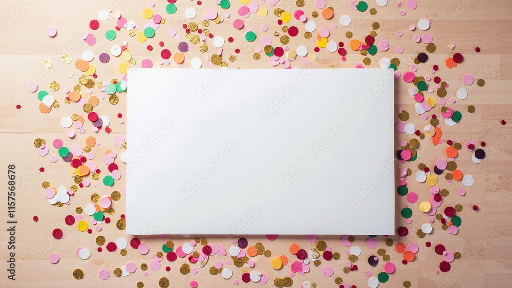 Blank White Card on Wooden Background with Colorful Confetti: Perfect for Invitations, Greetings, and Festive Promotions Blank White Card on Wooden Background with Colorful Confetti: Perfect for Invitations, Greetings, and Festive Promotions