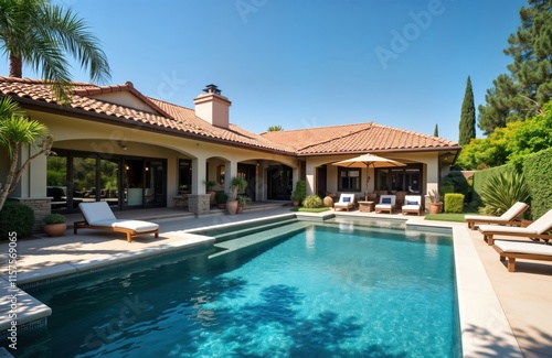 Wallpaper Mural Luxury home exterior in Calabasas California. Stylish design with a beautiful pool and sun loungers. Elegant architecture. Opulent residence. Exterior view of a prestigious property. Torontodigital.ca