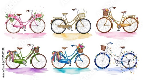 Six Watercolor Bikes Floral Gold Festive Bicycle Illustrations photo