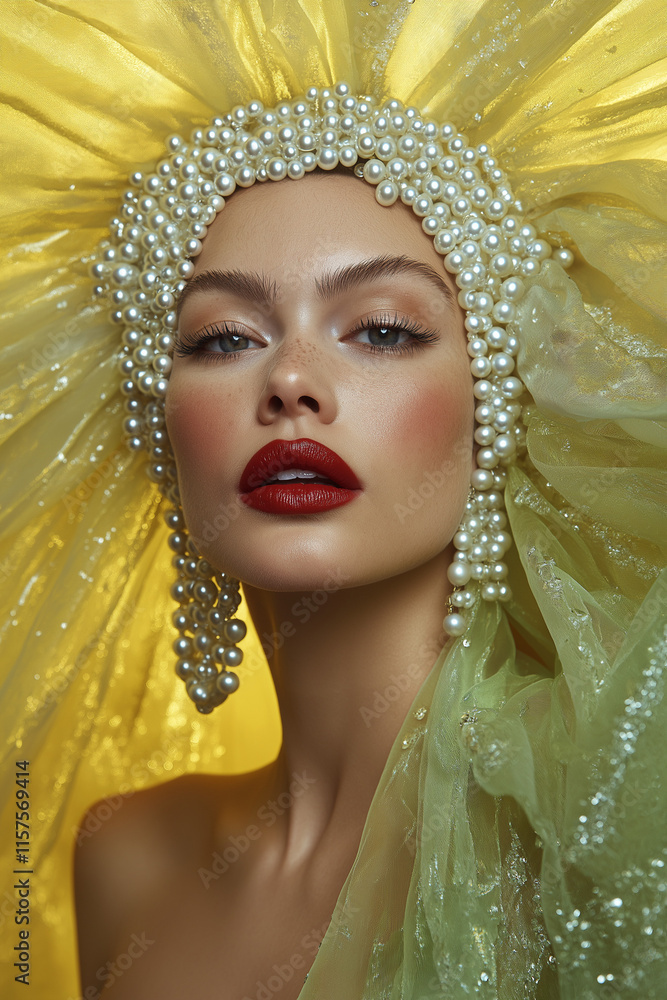 A close-up portrait of a woman in a dramatic pearl-studded golden headpiece. Bold high-fashion statement captured with sophistication.