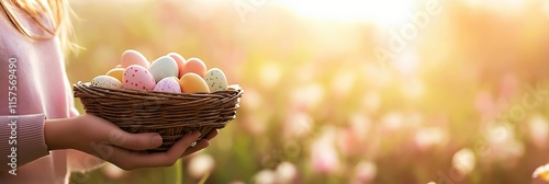 A cheerful child holds a colorful basket of Easter eggs in a peaceful field bathed in warm sunlight, symbolizing joy and the festive spirit of Easter with happiness and excitement photo