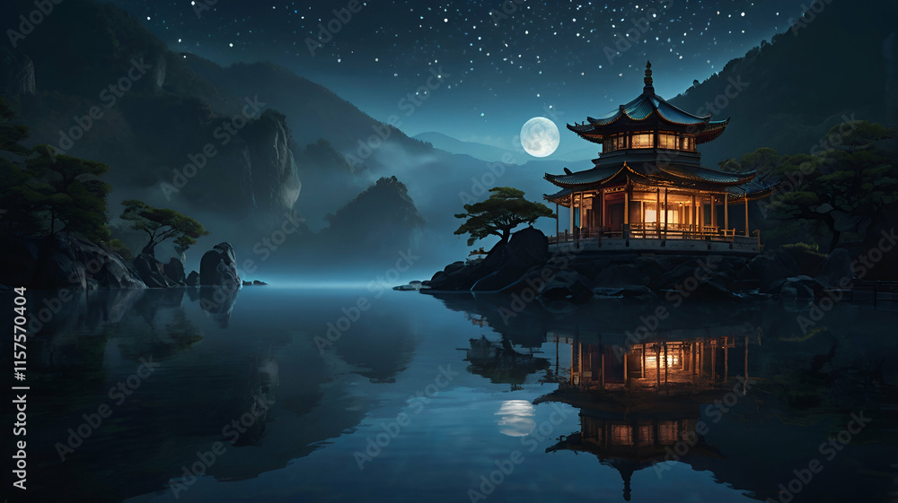 Obraz premium night landscape with castle and moon