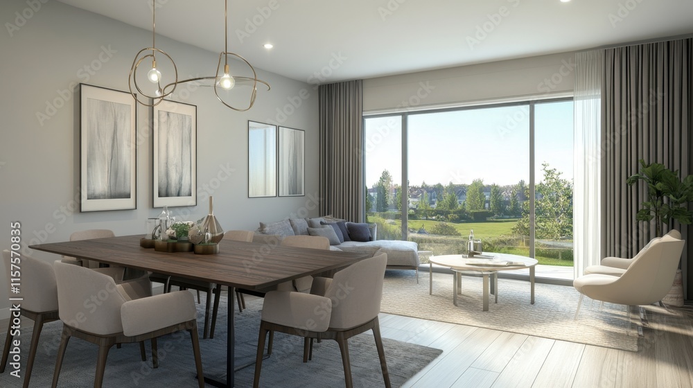 Modern Dining Room Interior with View of Green Landscape Modern Dining Room Interior with View of Green Landscape