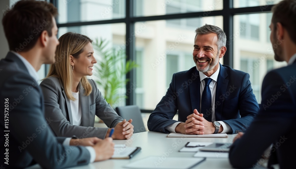 Business people in meeting. Group of business professionals sitting around table in office, looking at with friendly attitude. Colleagues talking, smiling. Likely discussing solutions vision together Business people in meeting. Group of business professionals sitting around table in office, looking at with friendly attitude. Colleagues talking, smiling. Likely discussing solutions vision together