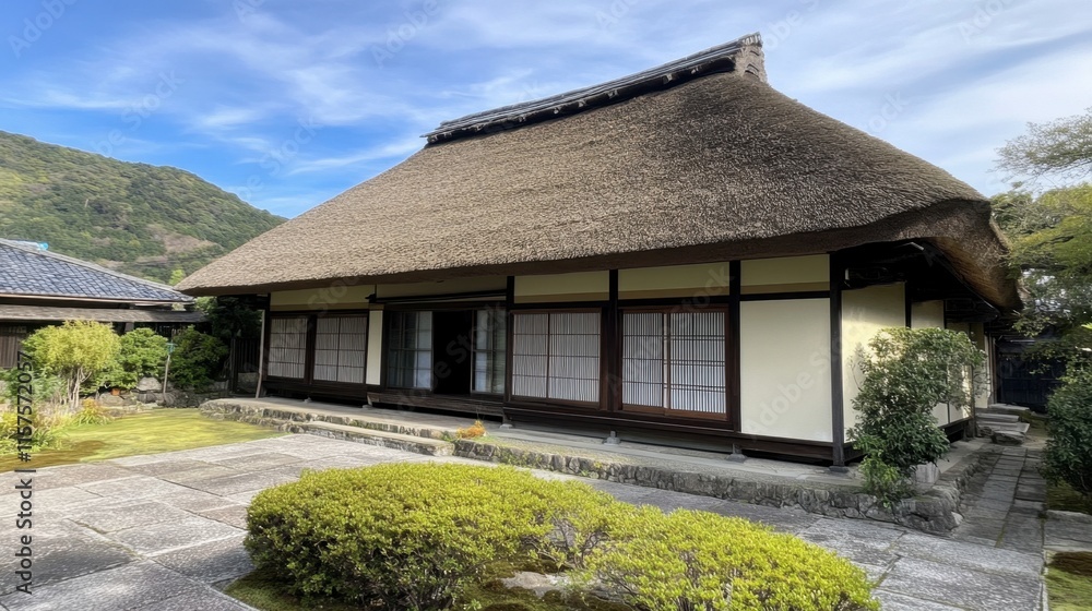 Traditional Japanese Thatched Roof House Surrounded by Nature Traditional Japanese Thatched Roof House Surrounded by Nature