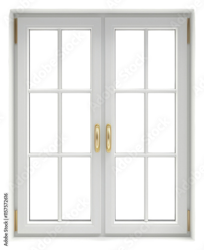 PNG A pair of elegant white French doors featuring multiple glass panes and golden handles.