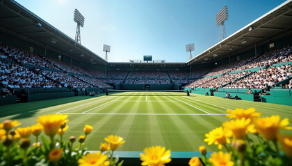 Empty tennis court in open-air stadium. Large stands filled with spectators. Green court white lines. Bright day. No players. Tennis tournament championship event in progress. Modern arena with fans.