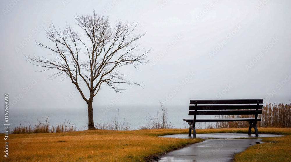 Coastal solitude wooden bench and tree on golden grass with peaceful water and gray sky horizon Coastal solitude wooden bench and tree on golden grass with peaceful water and gray sky horizon