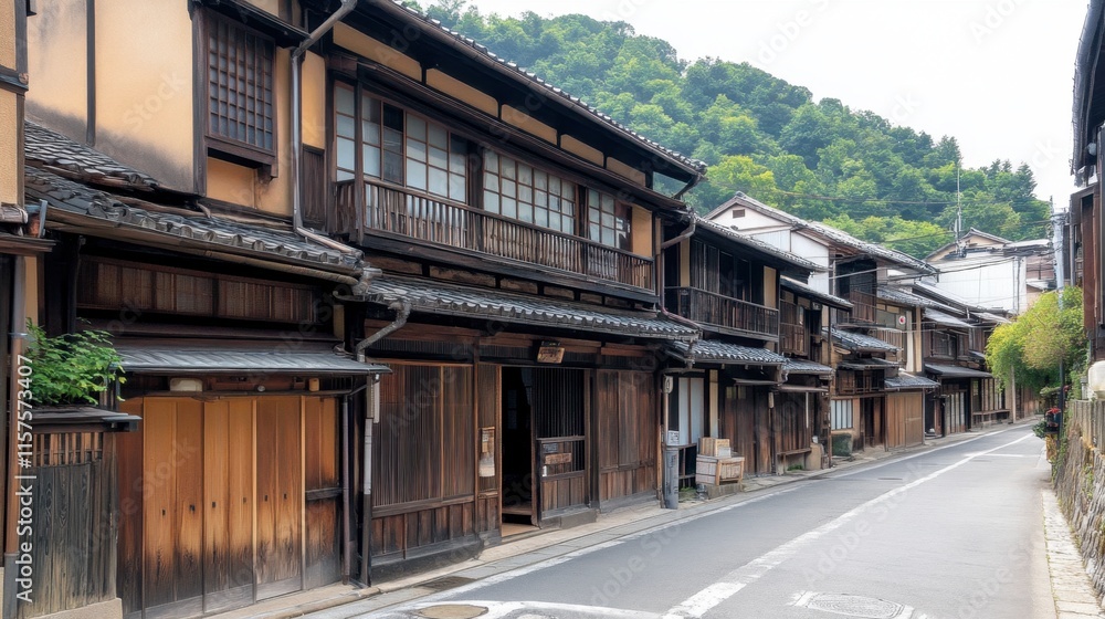 Traditional Japanese Street with Wooden Houses and Green Hills Traditional Japanese Street with Wooden Houses and Green Hills