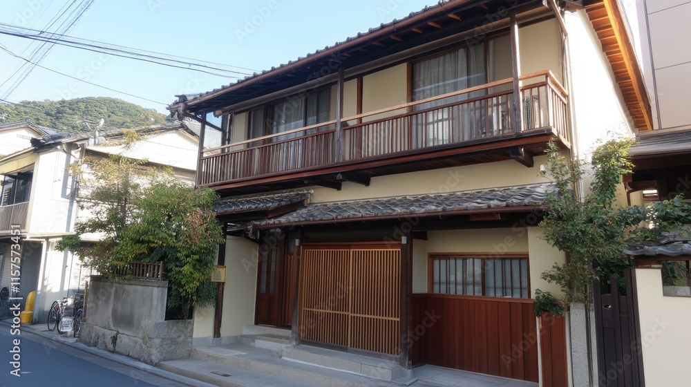 Traditional Japanese House with Garden and Wooden Balcony View Traditional Japanese House with Garden and Wooden Balcony View