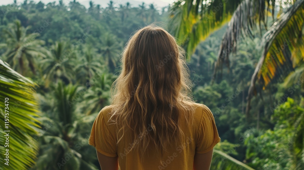 Woman admiring lush tropical paradise Woman admiring lush tropical paradise
