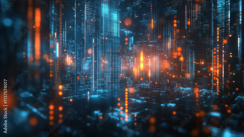 A vibrant digital landscape features towering structures illuminated by blue and orange lights. The environment resembles a futuristic city, evoking a sense of technology and innovation. A vibrant digital landscape features towering structures illuminated by blue and orange lights. The environment resembles a futuristic city, evoking a sense of technology and innovation.
