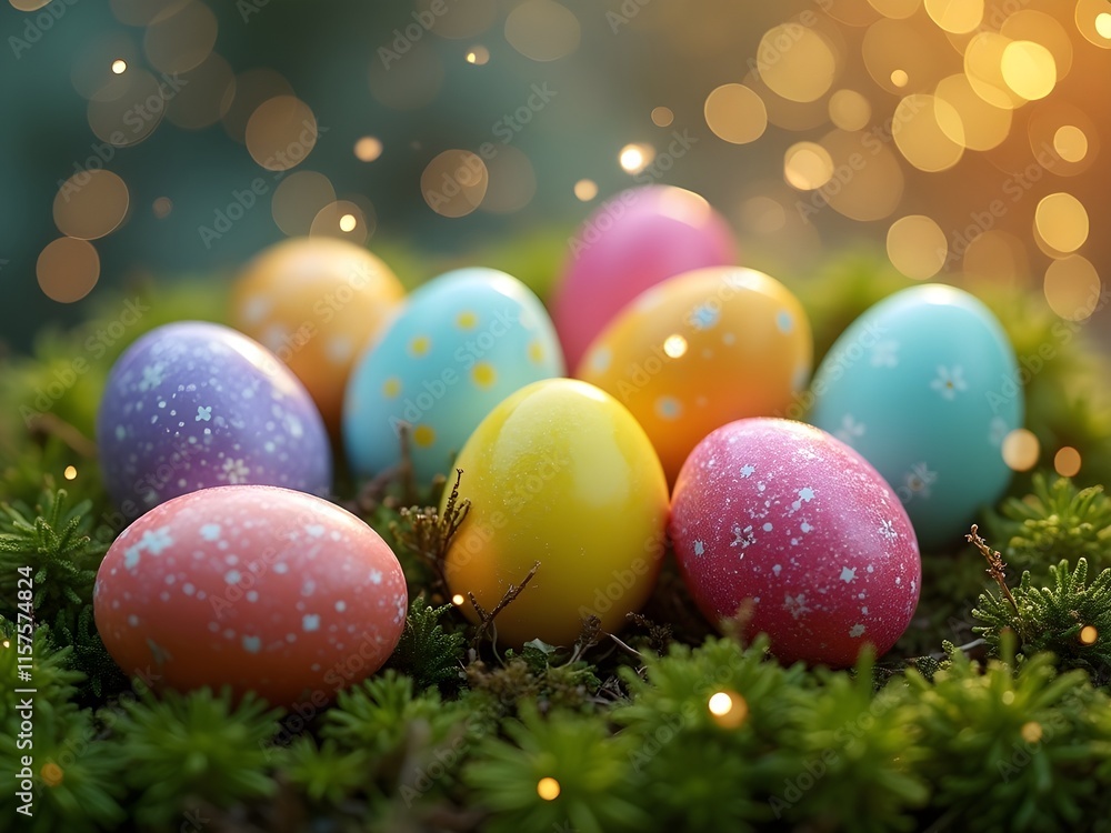 Colorful Easter Eggs on Moss With Bokeh Light Background Colorful Easter Eggs on Moss With Bokeh Light Background