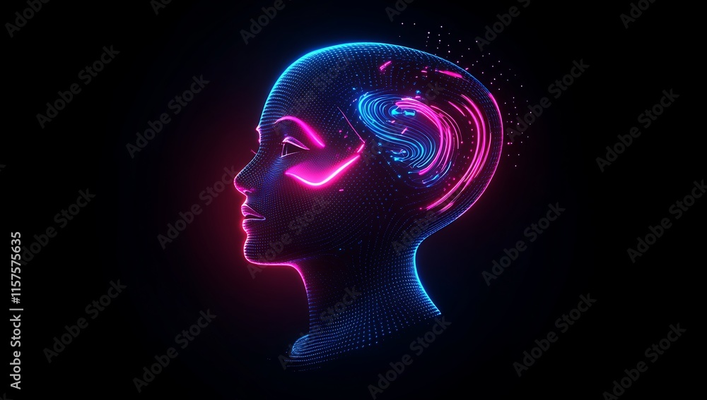 Neon Mind: A mesmerizing portrait of a female head outlined with vibrant neon blue and pink, showcasing a dynamic interplay of digital particles and abstract swirls. Neon Mind: A mesmerizing portrait of a female head outlined with vibrant neon blue and pink, showcasing a dynamic interplay of digital particles and abstract swirls.