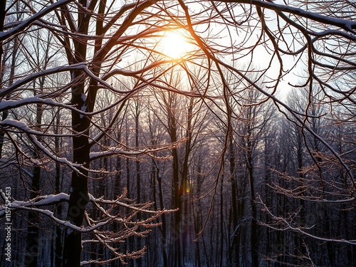 Wallpaper Mural Winter Sunrise Through Bare Tree Branches in a Snow-Covered Forest with Glowing Sunlight and Soft Shadows Create a Serene and Peaceful Atmosphere Torontodigital.ca