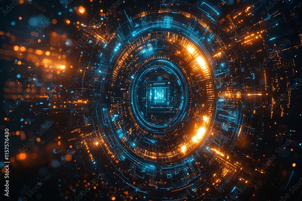 Fototapeta premium An abstract, futuristic object with a HUD element, showcasing a 3D hologram display composed of luminous particles and blurred circles, embodying a nanotechnology machine.