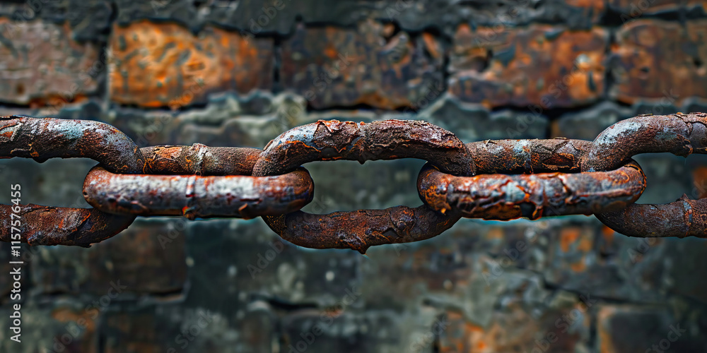 Rusty Metal Chain Against Brick Wall Rusty Metal Chain Against Brick Wall