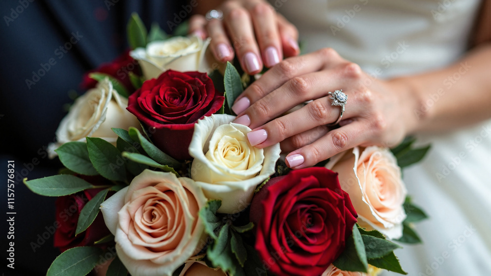 Newlywed Hands with Rings on Romantic Rose Bouquet: Perfect for Wedding Invitations and Bridal Magazines Newlywed Hands with Rings on Romantic Rose Bouquet: Perfect for Wedding Invitations and Bridal Magazines