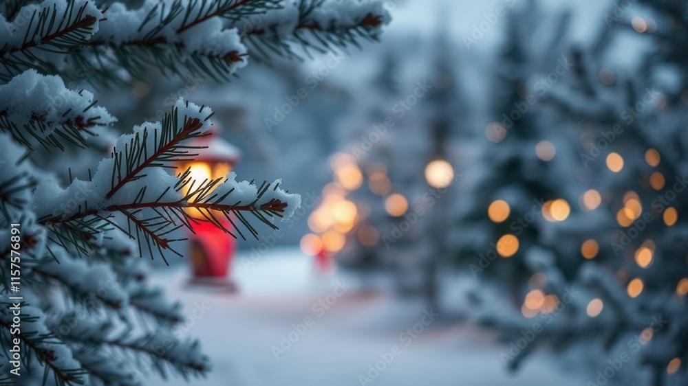 Enchanting Winter Wonderland with Snow-Covered Evergreen Branches and Glowing Lanterns Illuminating a Cozy Scene in a Serene Landscape Enchanting Winter Wonderland with Snow-Covered Evergreen Branches and Glowing Lanterns Illuminating a Cozy Scene in a Serene Landscape